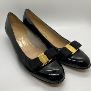 Nice women black SALVATORE FERRAGAMO Vara Bow Black Leather Pumps Shoes